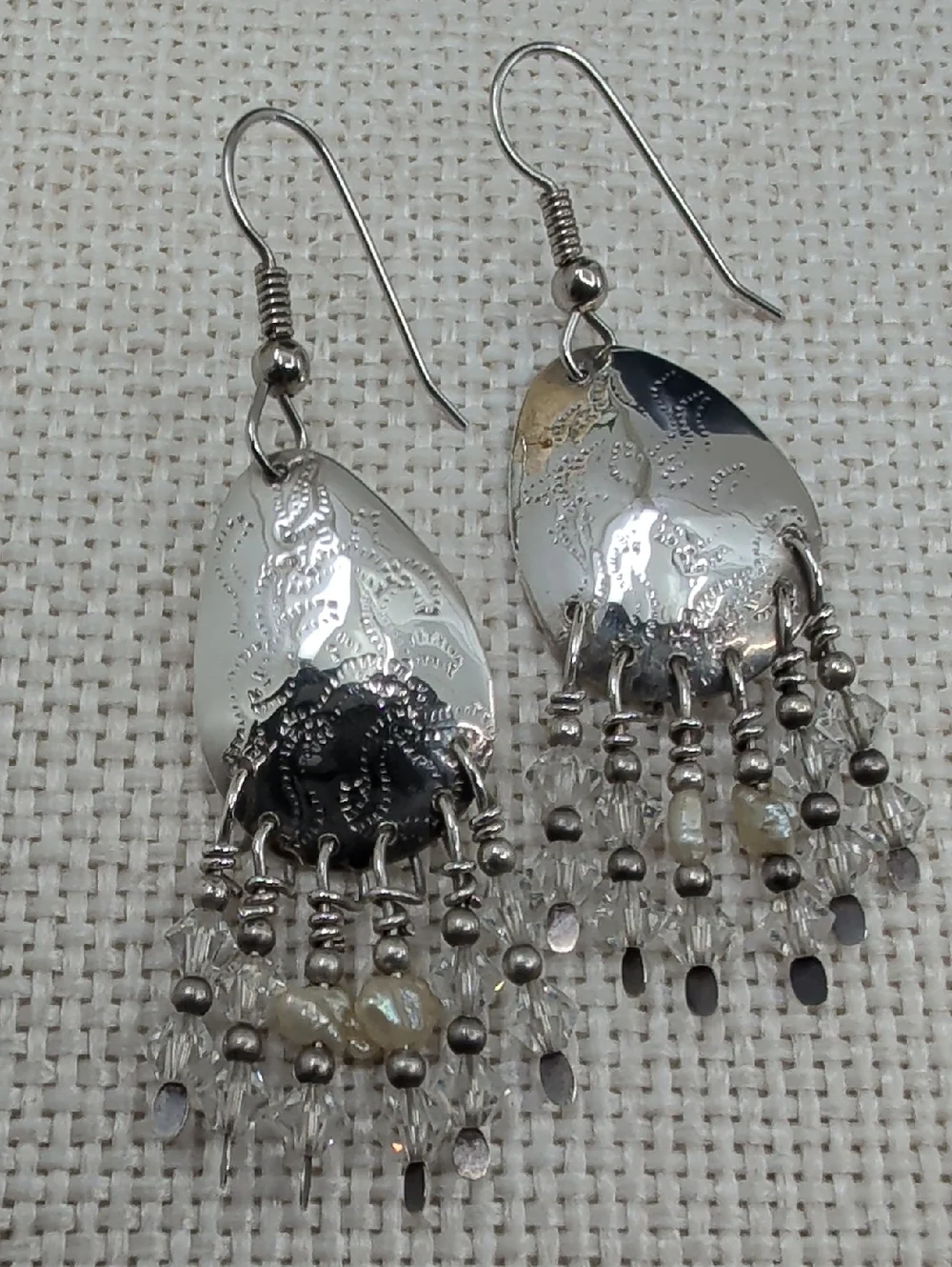 Vintage Artisan Hammered Silver Chandelier Earrings Crystal Bead Fringe 2.5